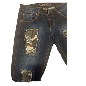 EUC BAMBOO Dark washed denim Camouflage patch distressed Jeans